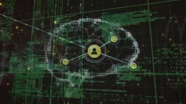 Dijital beyin animasyonu ve programlama dili ve ızgara üzerindeki çizgilere bağlanan simgeler. Dijital olarak üretilmiş, hologram, anatomi, yapay zeka, iletişim ve teknoloji.