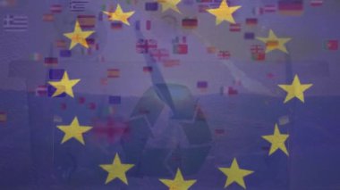 Bayrak üstünde bayrakların canlandırılması. Dijital olarak oluşturulmuş küresel mali ve veri işleme kavramı.