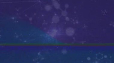 Moleküler yapı ve mavi arkaplan üzerindeki bağlantı ağının bozulma etkisi animasyonu. Tıbbi araştırma ve ağ teknolojisi kavramı