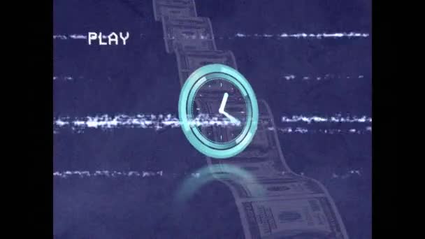 Animazione Vhs Effetto Glitch Sopra Orologio Neon Ticchettio Noi Banconote — Video Stock