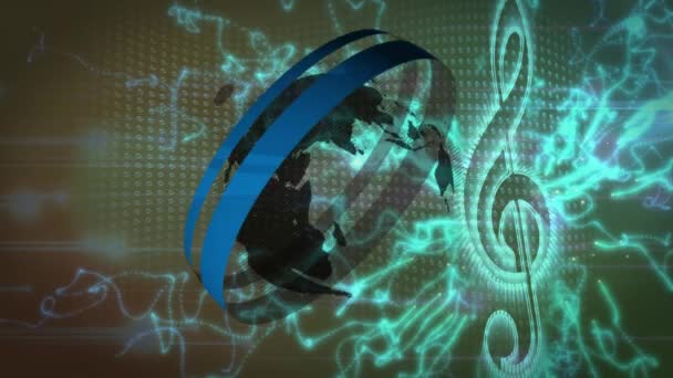 Animație Globului Care Învârte Peste Elementul Muzical Undele Digitale Fundal — Videoclip de stoc