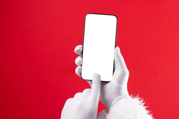 Image Des Mains Père Noël Tenant Smartphone Avec Écran Vierge — Photo