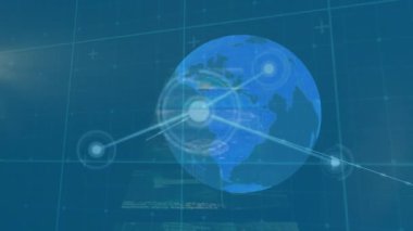 Mavi arkaplandaki simgeler ve dünya ile bağlantı ağının animasyonu. Küresel bağlantılar veri işleme ve dijital arayüz konsepti dijital olarak oluşturulmuş video.