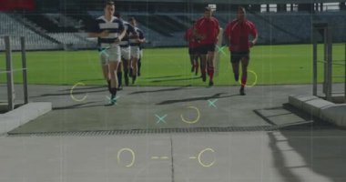 Çeşitli erkek rugby oyuncuları için oyun planının animasyonu. Küresel spor ve dijital arayüz kavramı dijital olarak oluşturulmuş video.