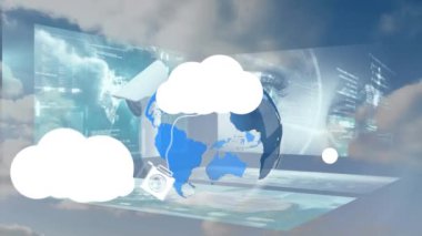 Dizüstü bilgisayar kullanarak iş adamının üzerindeki bulutların ve dijital simgelerin animasyonu. Küresel iş iletişimi ve veri ağı konsepti dijital olarak oluşturulmuş video.