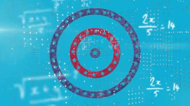 Mavi zemin üzerinde dönen yıldızlara karşı matematiksel denklemler ve noktalar dizaynı. Amerikan bağımsızlık günü konsepti