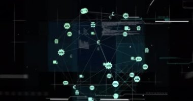 Koyu arkaplandaki saat ve bağlantı ağının animasyonu. Küresel bağlantılar ve veri işleme kavramı dijital video oluşturuldu.