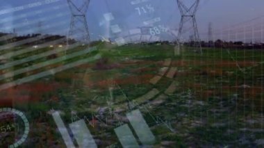 Animation of data processing over pylons. Global technology, finances and digital interface concept digitally generated video.