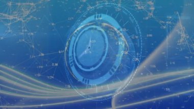 Yuvarlak tarayıcı üzerinde tıklayan saatin animasyonu ve mavi arkaplan ile bağlantı ağı. Küresel ağ ve iş teknolojisi kavramı