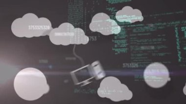 Işık noktaları üzerinde veri işleme ve ortam simgelerinin canlandırılması. Küresel iş ve dijital arayüz kavramı dijital olarak oluşturulmuş video.