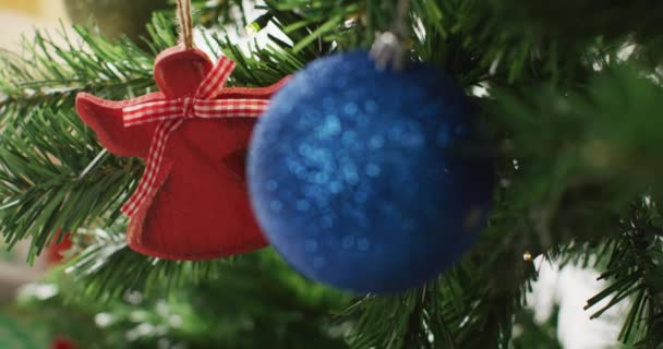 Κλείσιμο Των Χριστουγεννιάτικων Μπαλών Και Διακοσμήσεις Στο Πράσινο Χριστουγεννιάτικο Δέντρο — Αρχείο Βίντεο