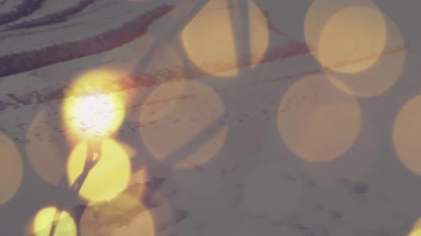 冬の風景に対する光の黄色の斑点のデジタル組成 クリスマス フェスティバルとお祝いのコンセプト — ストック動画