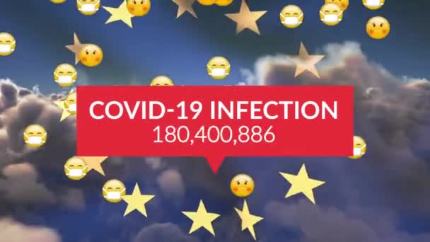 Animacja Covid Tekst Infekcji Emoji Nad Flagą Unii Europejskiej Chmury — Wideo stockowe