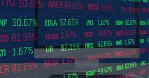 Animering Databehandling Aktiemarknaden Mot Närbild Stationär Dator Begreppet Global Ekonomi — Stockvideo