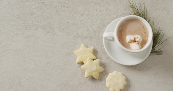 Video Tazza Cioccolata Calda Con Marshmallow Biscotti Sfondo Grigio Natale — Video Stock