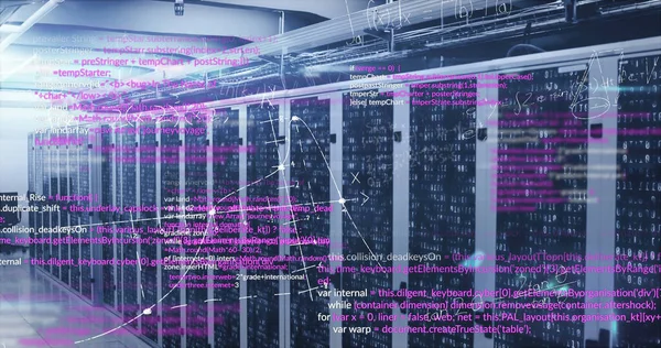 Bilgisayar sunucuları üzerinde matematik denklemleri ve veri işleme resmi. Küresel hesaplama, bilim ve veri işleme kavramı dijital olarak oluşturulmuş görüntü.