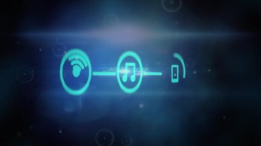 Siyah arkaplan üzerinde dijital veri işleme ve güvenlik simgelerinin animasyonu. Küresel iş ve dijital güvenlik kavramı dijital olarak oluşturulmuş video.