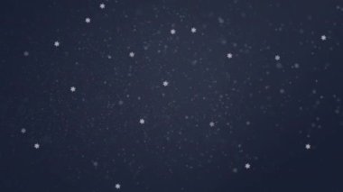 Kar yağışının dijital animasyonu ve mavi arkaplanda yüzen yıldız simgeleri. Noel şenliği ve kutlama konsepti