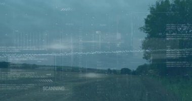 Mavi gökyüzüne karşı çayır üzerinde veri işleme arayüzünün animasyonu. Yenilenebilir enerji ve iş teknolojisi kavramı