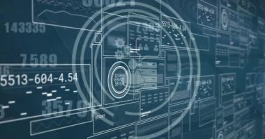 Mavi arkaplan üzerinde veri işleme ve ortam simgelerinin canlandırılması. Küresel iş ve dijital arayüz kavramı dijital olarak oluşturulmuş video.