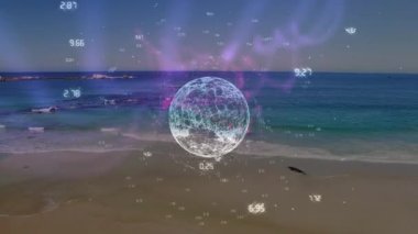 Kumsaldaki dünya ve bağlantılar ağının animasyonu. Dijital olarak oluşturulan küresel bağlantılar ve iletişim konsepti.