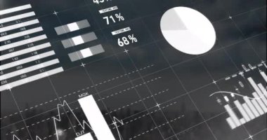 Manzara üzerinde finansal veri işleme animasyonu. Küresel iş dijital arayüzü teknolojisi ve dijital olarak oluşturulan ağ konsepti.