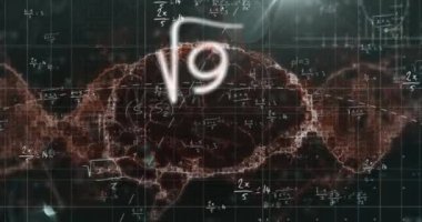İnsan beyni ve DNA ipliği üzerinde bilimsel veri işleme animasyonu. Küresel bilim ve veri işleme kavramı dijital olarak oluşturulmuş video.