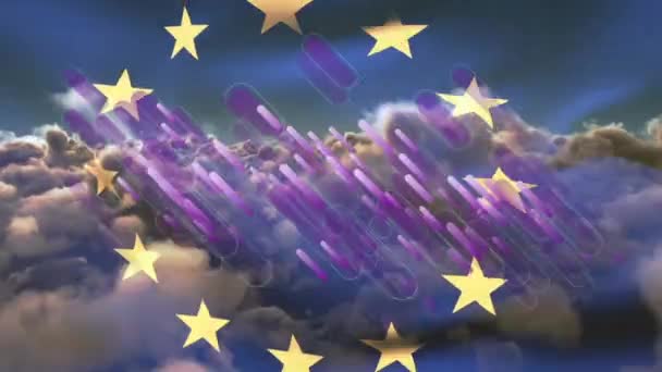 Анимация Фигур Движущихся Над Европейским Флагом Облаками Технология Медицинских Исследований — стоковое видео