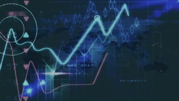 Animering Aktiemarknaden Databehandling Över Världskartan Mot Blå Bakgrund Begreppet Global — Stockvideo