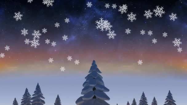 Kış Manzarasına Uzun Ağaçlarla Düşen Kar Tanelerinin Animasyonu Noel Şenliği — Stok video