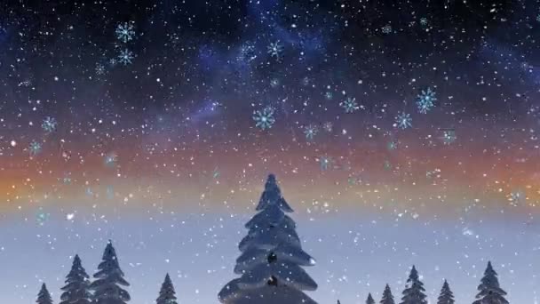 背の高い木と冬の風景の上に落ちる雪片のアニメーション クリスマスのお祭りとお祝いのコンセプト — ストック動画