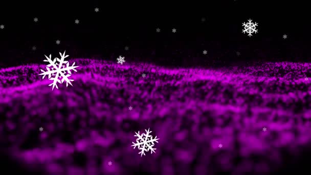Fulgi Zăpadă Stele Plutind Peste Valul Digital Violet Fundal Negru — Videoclip de stoc
