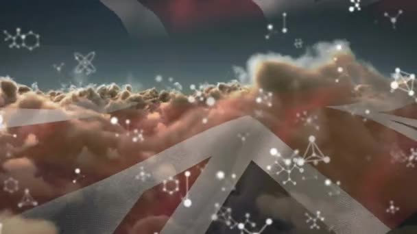 組合ジャックフラグに回転化学式のアニメーション 医療研究技術とデジタルインターフェースの概念デジタル生成されたビデオ — ストック動画