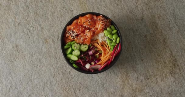 Composition Bowl Rice Salmon Vegetables Chopsticks White Background Food Drink — Stock Video