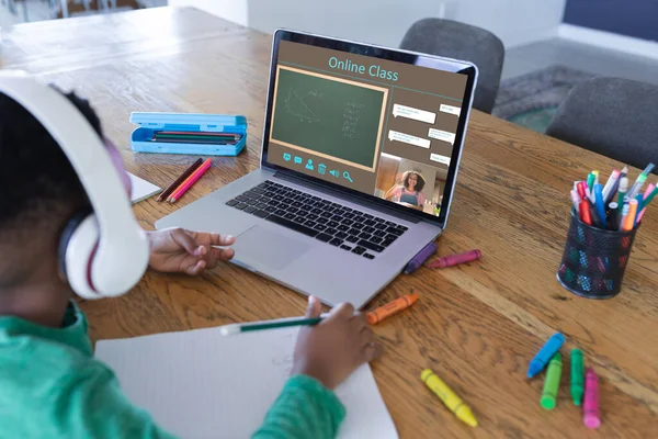 Afro Amerikai Fiú Laptopot Használ Videohívásra Női Tanárral Képernyőn Kommunikációs — Stock Fotó