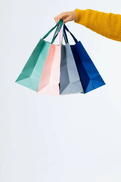 Composition Hand Shopping Bags White Background Retail Shopping Black Friday — Stock Photo, Image