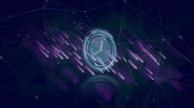 Mavi arkaplandaki neon saat ve bağlantı ağının üzerindeki ışık izlerinin animasyonu. Bilgisayar arayüzü ve iş teknolojisi kavramı