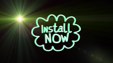 Çok renkli metnin animasyonu şimdi siyah arkaplan üzerinde bulut ve mercekle yükleniyor. Dijital olarak oluşturulmuş, hologram, parıltı, web sayfası, uygulama ve teknoloji konsepti.