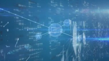 Çizgiler, yüzen soyut desen ve grafiklerle bağlantılı uygulama simgelerinin animasyonu. Dijital olarak üretilmiş, hologram, report, communication, data, lens fişeği, business, technology concept.