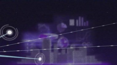 Noktaların üzerindeki simgelerle bağlantı ağlarının animasyonu. Dijital arayüz ve teknoloji konsepti dijital olarak oluşturulmuş video bağlantıları.