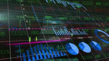 Dünya haritası üzerinde istatistik ve finansal veri işleme animasyonları. Global, dijital olarak oluşturulan iş ve veri işleme kavramını finanse eder.