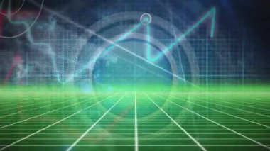 Veri işleme üzerine neon çizgilerin animasyonu ve siyah arkaplanda daireler. Küresel teknoloji, bilgisayar ve dijital arayüz kavramı dijital olarak oluşturulmuş video.