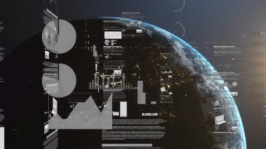 Dünyanın etrafında dönen grafiklerin, grafiklerin, verilerin, alım satım tahtalarının ve güneşin animasyonları. Dijital olarak üretilmiş, hologram, küreselleşme, borsa, rapor, finans, yatırım ve teknoloji.