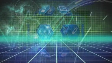 Tıbbi simgelerin üzerindeki neon çizgilerin animasyonu ve siyah arkaplanda hareket eden saat. Küresel teknoloji, bilgisayar ve dijital arayüz kavramı dijital olarak oluşturulmuş video.