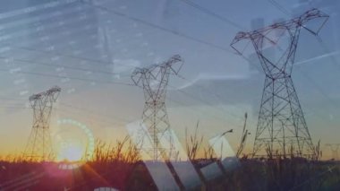 Animation of data processing over pylons. Global technology, finances and digital interface concept digitally generated video.