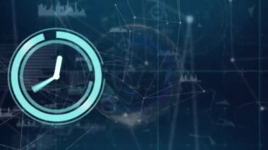 Bağlantılar ağı üzerinden neon saat ve mavi arkaplana karşı küre animasyonu. Bilgisayar arayüzü ve iş teknolojisi kavramı