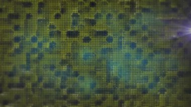 Şehir manzarası ve şebeke üzerinde dönen sıra sıra dairelerin animasyonu. Sayısal olarak oluşturulmuş internet güvenliği dijital arayüzü ve bağlantılar konsepti.