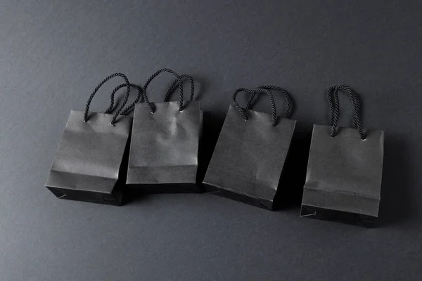 Composition Gray Paper Shopping Bags Gray Background Retail Shopping Black — Stock Photo, Image