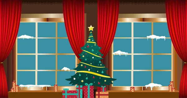 Animación Regalos Navidad Árbol Navidad Sobre Ventanas Navidad Tradición Concepto — Foto de Stock