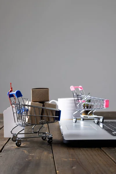 Composition of shopping carts with boxes and laptop on gray background. Retail, shopping and black friday concept.